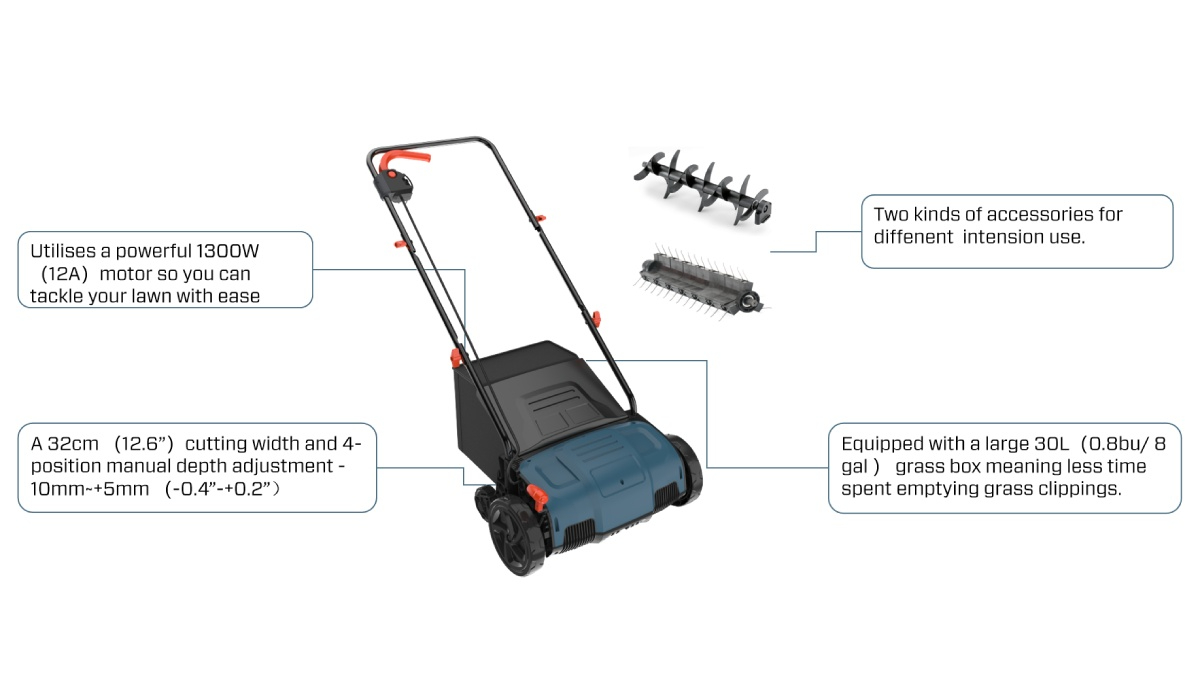 1300W 32CM(13'') Corded Electric Lawn Scarifier & Raker